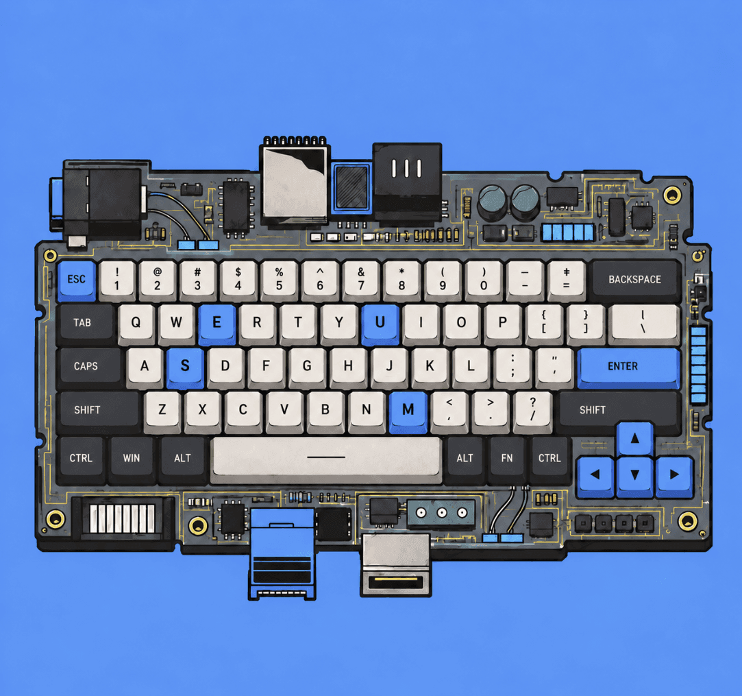 MuseBoard illustration: a mechanical keyboard on an exposed circuit board with the M, U, S and E keys highlighted in blue.
